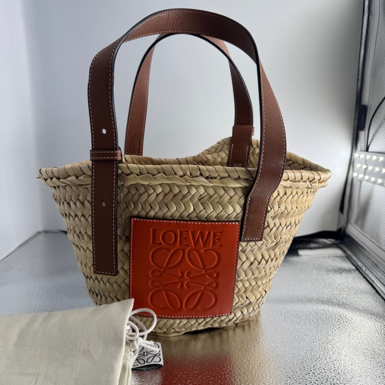 LOEWE ロエベ バスケットスモール ブラウンxオレンジ カゴバッグ ラフィアxレザー