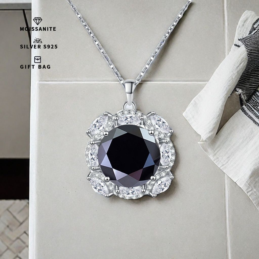 新着商品 10CT ブラックラウンドモアッサナイトペンダントネックレスS925スターリングシルバー女性＆男性用ファッショナブルチェーン長さ40cm 5cmMJc