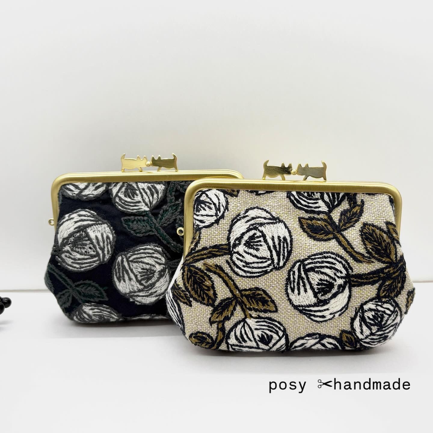 ハンドメイド ミナペルホネン 猫口金のコンパクト親子がま口財布 rosy