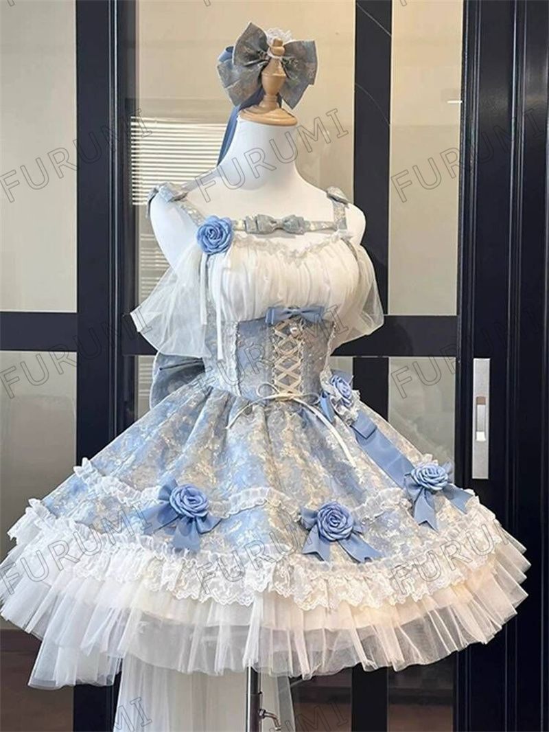 夏季 フランス風 森系プリンセスドレス ロマンチックな初恋風 フリル付きロリータドレス ショートスカート ピンク|ブルー