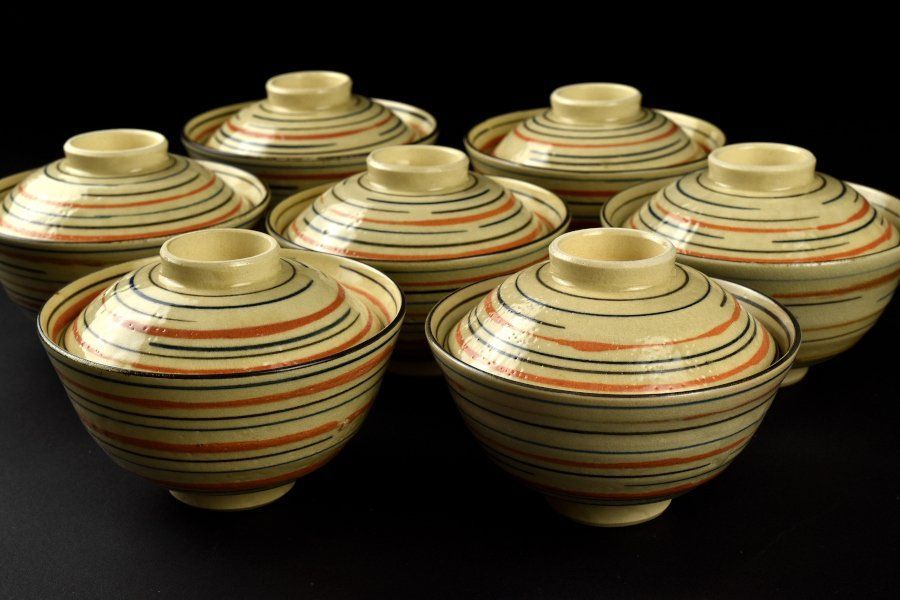 蔵C8028a 麦藁手 筋絵 蓋茶碗 飯碗 七客