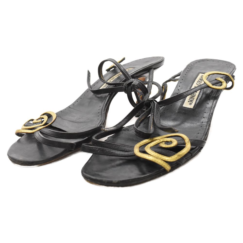 MANOLO BLAHNIK ブラックストラップサンダル 美品』マノロブラニクサンダルアンクルストラップストラップベルト黒