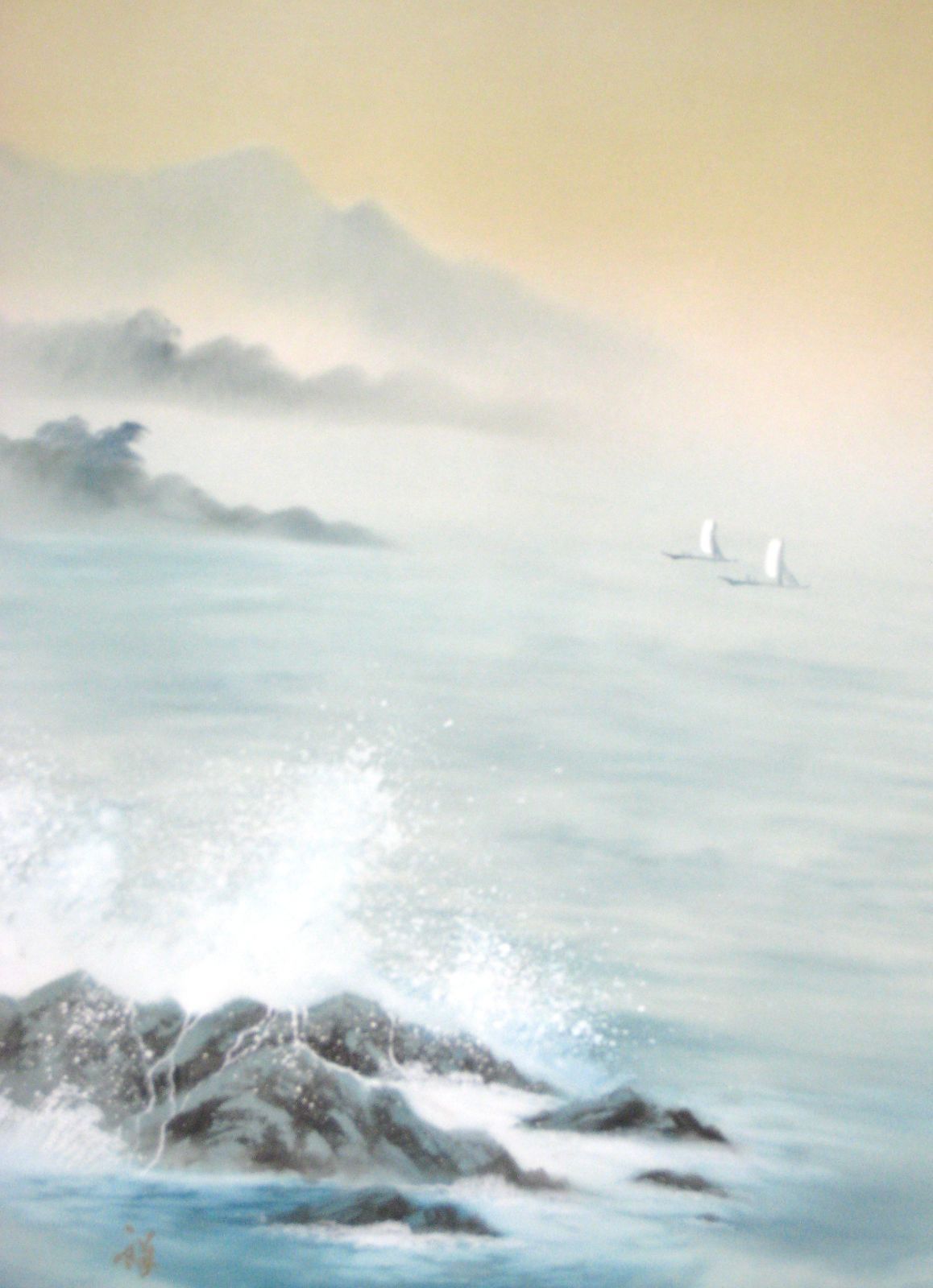 特価軸】掛け軸 彩色山水(夏の海の風景)◇田中祥堂 (真筆・新品
