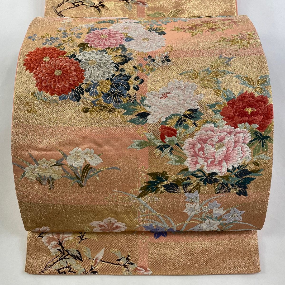 袋帯 秀品 草花 唐織 金糸 サーモンピンク 六通 正絹