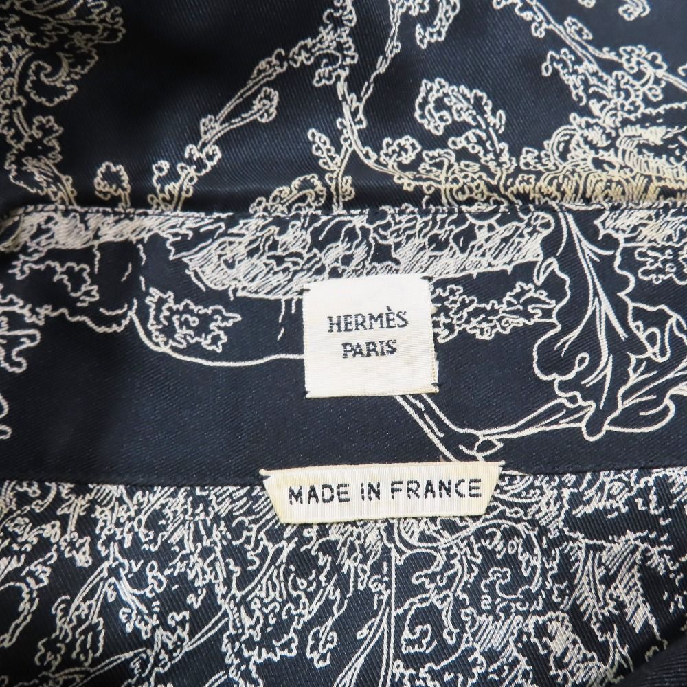良品 HERMES エルメス シアー シルクシャツ ブラウス 長袖 総柄 カットソー シースルー 切替 34 ブラック グレー レディース 古着 中古 HERMES - 良品 HERMES エルメス シアー シルクシャツ ブラウス