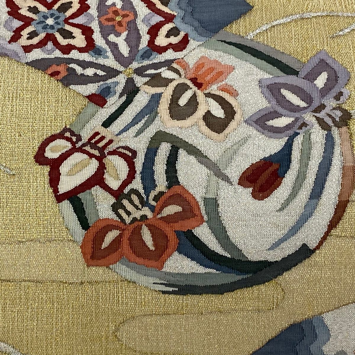 袋帯 秀品 夏帯 草花 扇面 金銀糸 金色 お太鼓柄 正絹