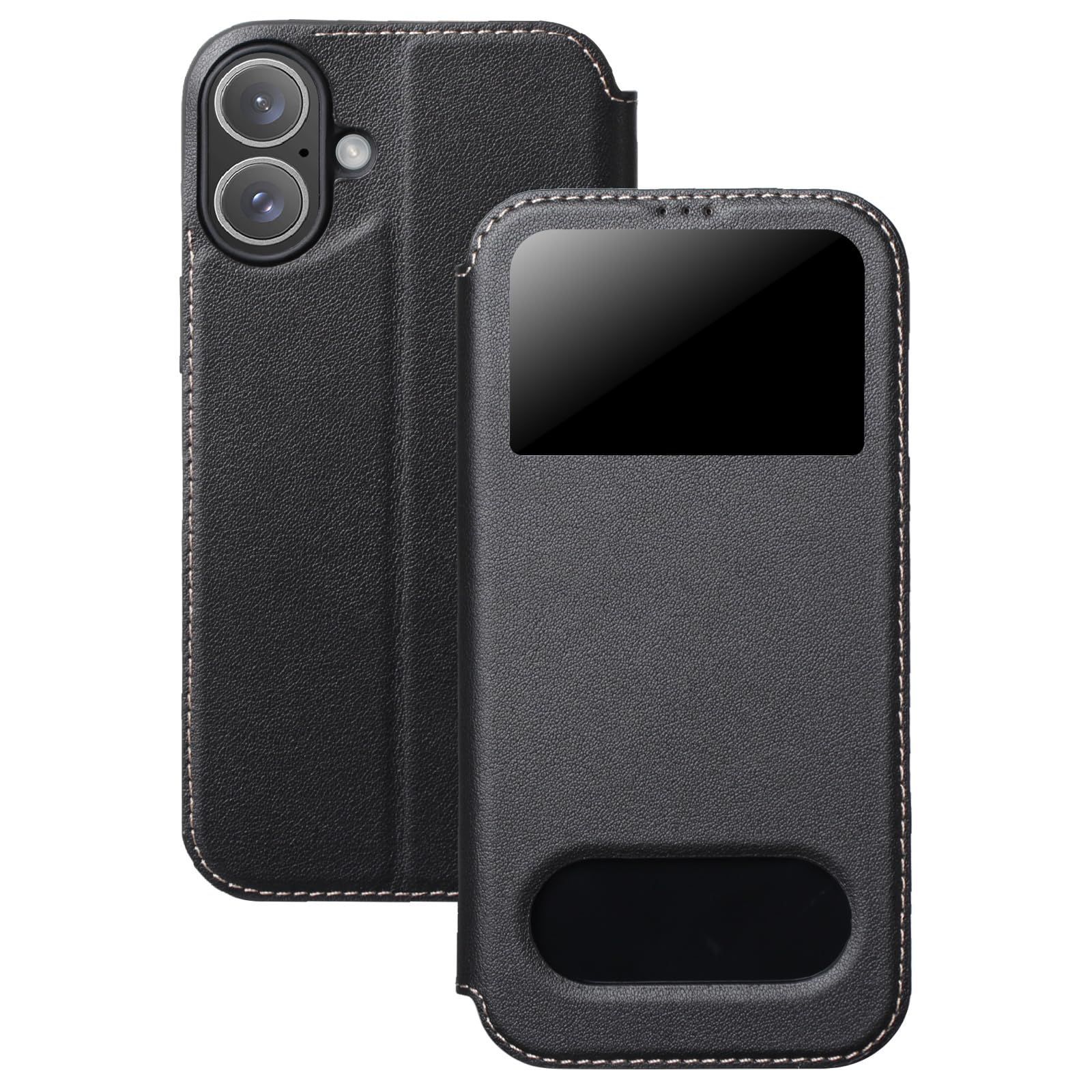 【数量限定】耐衝撃 ビズネス風 TPU マグネット式 シンプル ストラップホール付き スタンド機能 スマホカバー 薄型 保護ケース(ブラック) 窓付き 手帳型 本革 ケース 対応 iPhone16