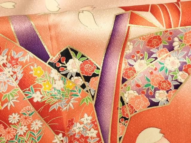 七五三に★枝垂れ桜に飛鶴　橙色に金彩　七歳着物セット 平和屋着物[]七五三 女の子 7歳 祝着 四つ身 折鶴枝垂れ桜文 暈