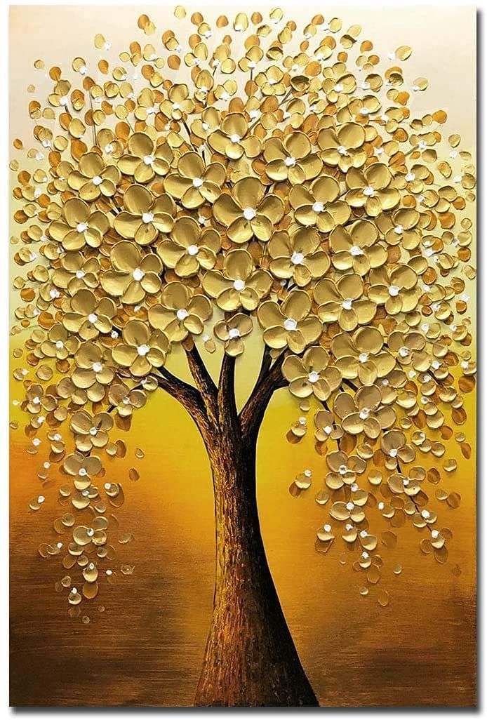 60 CM X 90 油絵 絵画 フレーム付きキャンバスの油彩画 手描きのモダンな抽象の大きな壁画 ホームデコレーションアート 幸運の大きな黄金の木