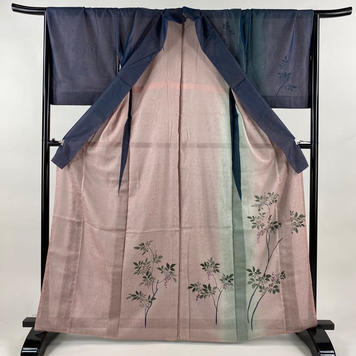 付下げ 身丈165cm 裄丈65cm M 紗袷 葉と実 縦ぼかし 青緑 正絹 美品  