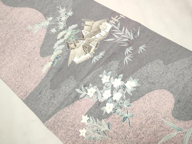 平和屋着物○太鼓柄 京袋帯 友禅作家物 白山紬 風景草花文 正絹 逸品  