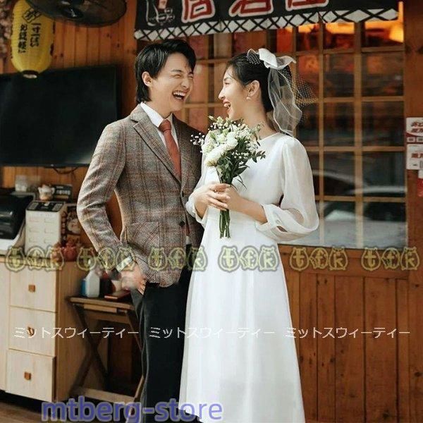 ウェディングドレス ミディアム丈 ホワイト 軽い 9分袖 シンプル 結婚式 花嫁 披露宴 二次会 前撮り パーティー ブライダル ウエディングドレス フォーマル 美品！ウエディングドレス ホワイト ポリエステル 短トレーン