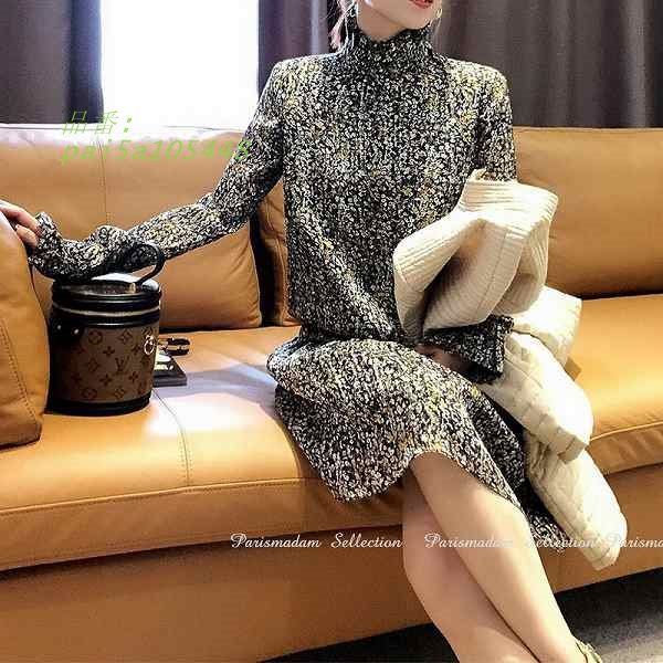 プリントワンピース ローウエスト スタンドフリル 長袖 ひざ上丈 クリックポストで 20代30代40代50代 ほっそり効果大 pai5a105448