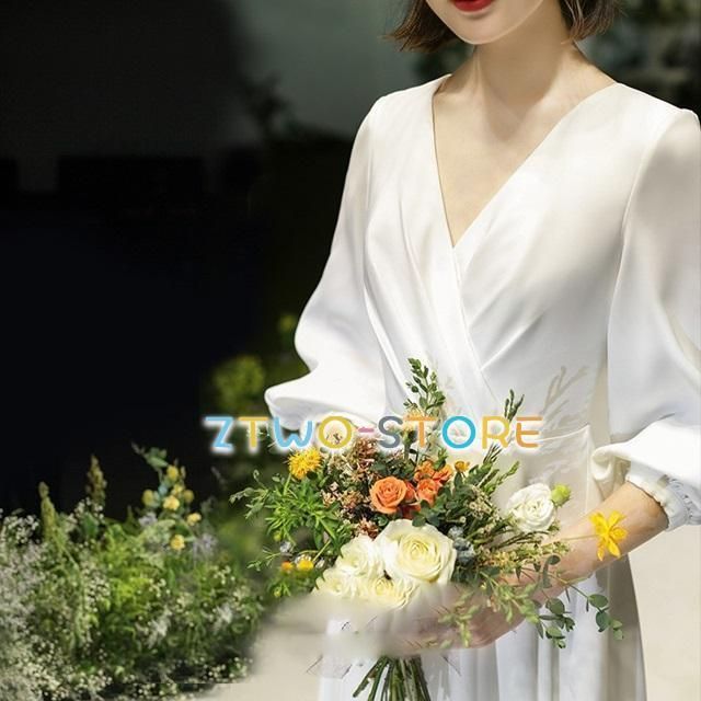 ウェディングドレス 袖あり ウェディングドレス 大きいサイズ 3L 4L 小さいサイズ ウェディングドレス 二次会 シンプル カシュクール VネッWP日替わり 104 FFCRYSTALESIA_COM