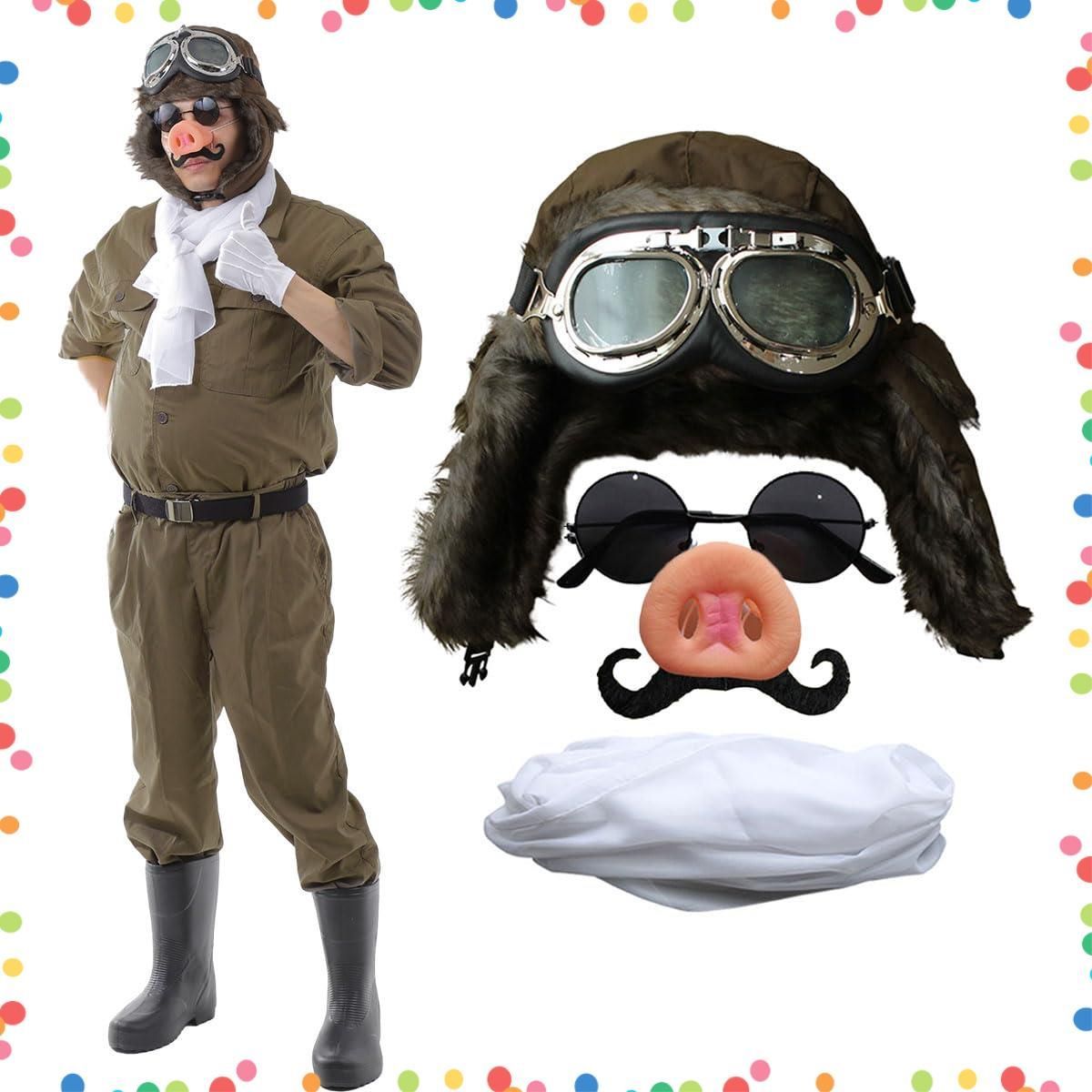 在庫処分 ブタ 飛行士 衣装 ハロウィン おもしろ 面白い コスプレ 仮装 鼻 パイロット 髭 帽子 豚 ゴーグル マフラー monoii セット