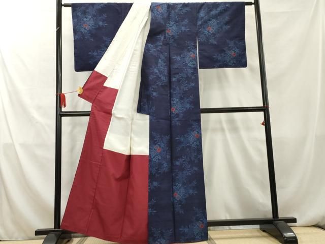 平和屋着物▽上質な紬 花織 単衣 枝花文 正絹 逸品 AAAW7765fy