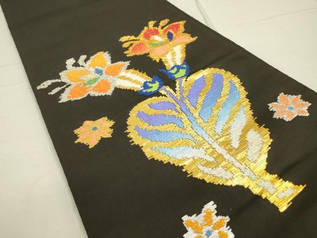 平和屋着物●龍村平蔵製　六通柄　本袋帯　モール一房文　黒地　金銀糸　正絹　逸品　DAAR0775fe 平和屋着物○龍村平蔵製 六通柄 本袋帯 モール一房文 黒地 金銀糸 正絹