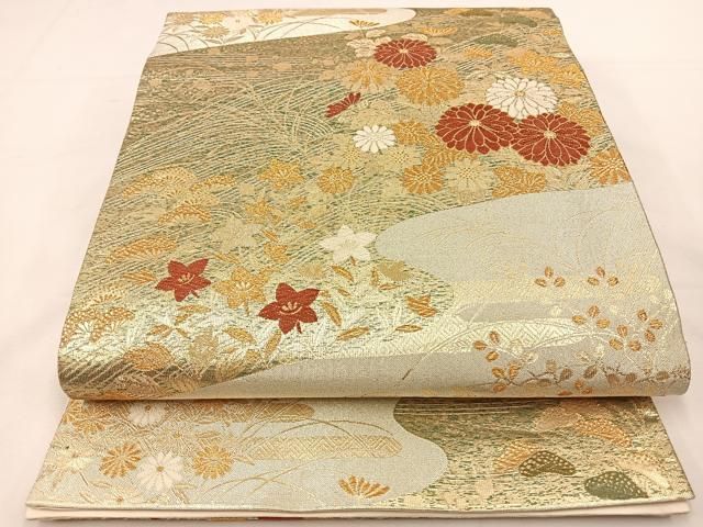 平和屋着物◎九百佐賀錦 唐織 六通柄袋帯 蒔絵 流水草花 ［
