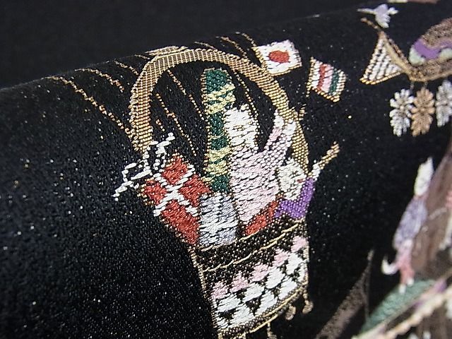 平和屋本店□極上 六通柄袋帯 SWING AMUSEMENT-PARK 遊園地 猫柄 黒地