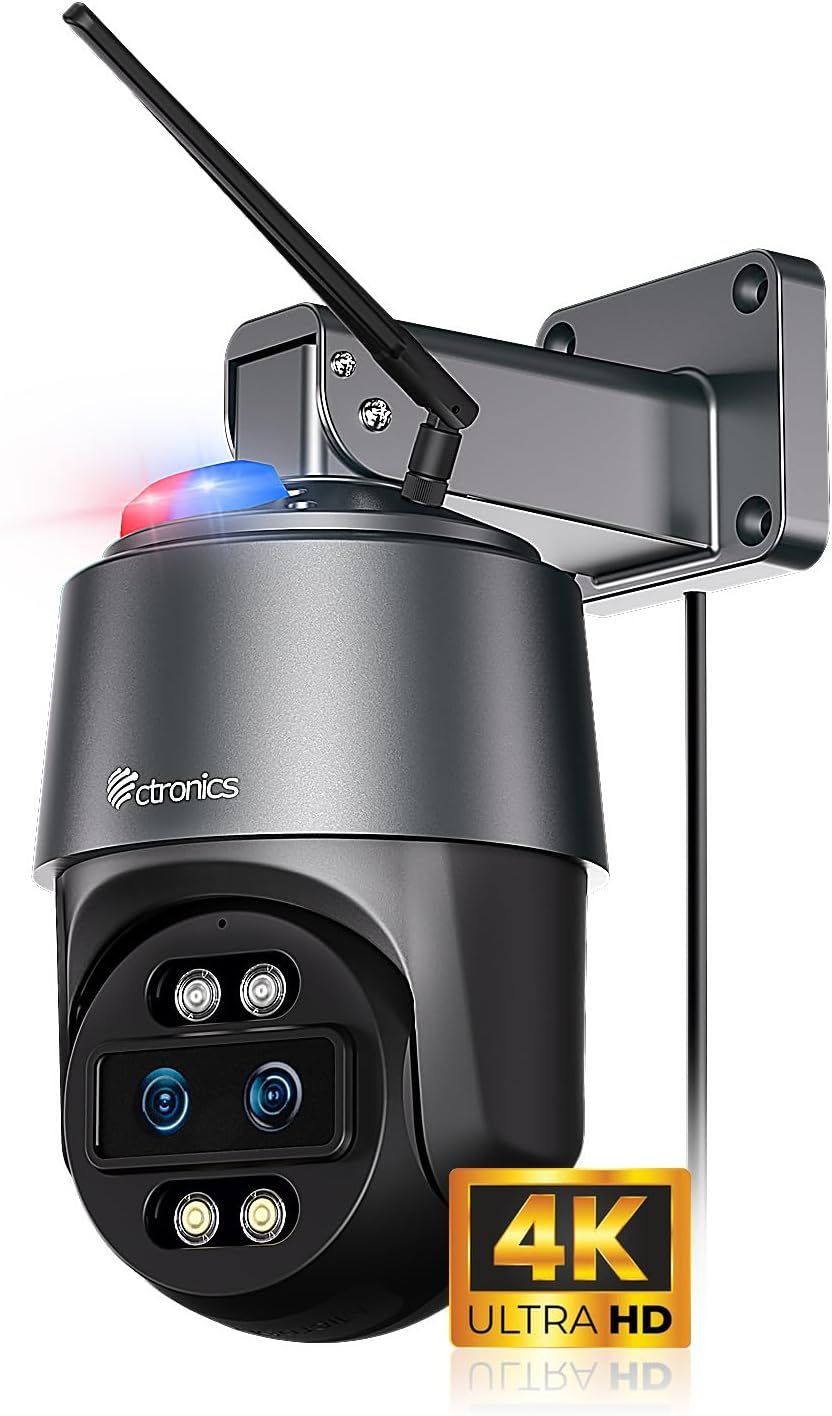 Ctronics 4k 防犯カメラ 屋外 10倍ハイブリッドズーム 5GHzWi-Fi 人|ペット|車両検知 自動追尾 オートフォーカス PC遠隔操作 赤青アラームライロ搭載 声光威嚇 24時間録画 FTP|NVR|NAS 256GBMirco SDカード対応