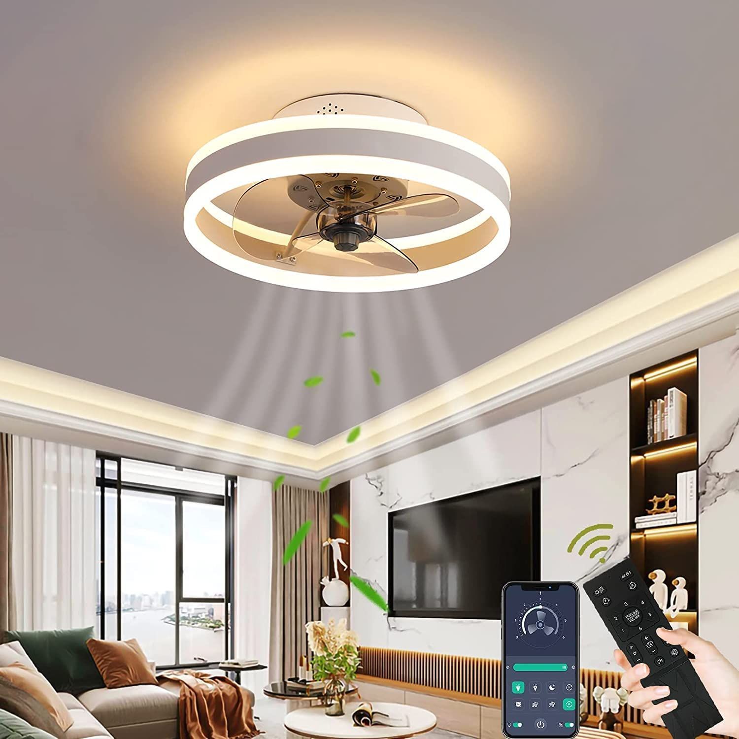 白 吊り下げ リビングルーム 40cm 扇風機 照明器具 ナイトライト リモコン付き調節 な風速 静音ファン付き照明 LED天井ファンライト シーリング