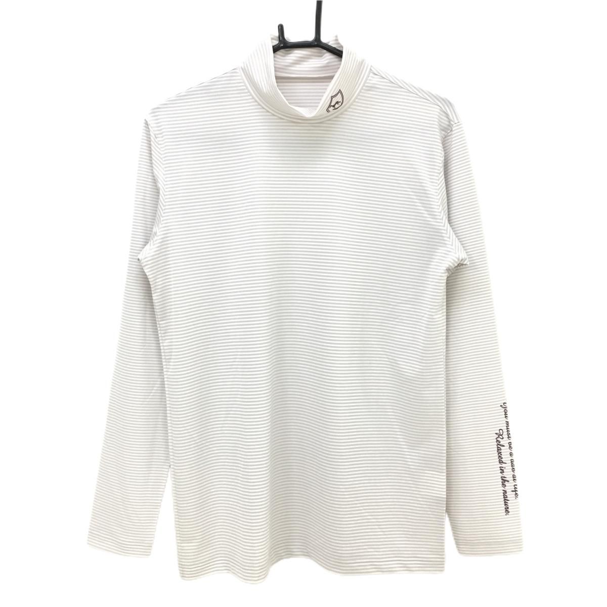 【美品】アダバット 長袖ハイネックシャツ 白×ライトグレー ボーダー柄 ロゴプリント ストレッチ  メンズ 50(XL) ゴルフウェア adabat