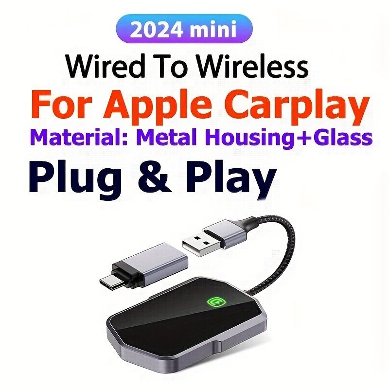 2025年ミニワイヤレスカープレイアダプター1個 USB電源プラグ＆プレイ暗号化ドングル 有線からワイヤレスコンバーター 遅延なし iOSコントロール サラウンドオーディオ出力 スマートフォン用内蔵ワイヤレス ユニバーサルフィット Wi-Fi対応 ホリデーと