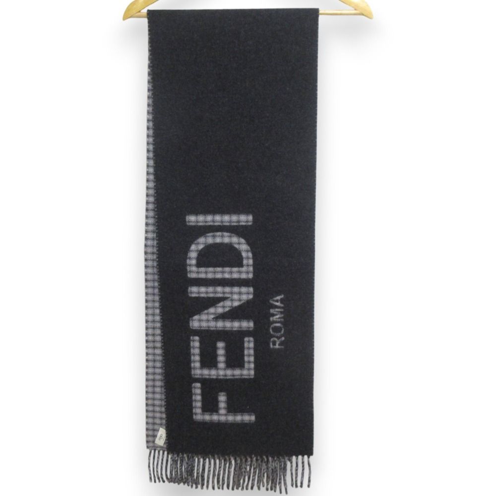 FENDI フェンディ ロゴ チェック柄 フリンジ マフラー グレー レディース 古着