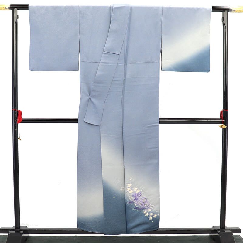 久保田一竹 辻が花 付下げ 落款 作家物 袷 レディース 正絹 灰青 シンプル 上品 身丈157.5cm 裄丈66cm フォーマル Mサイズ相当