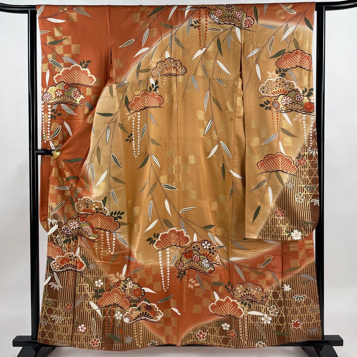 振袖 身丈159cm 裄丈62cm S 袷 笠松 藤 金彩 染分け 赤茶 正絹 秀品
