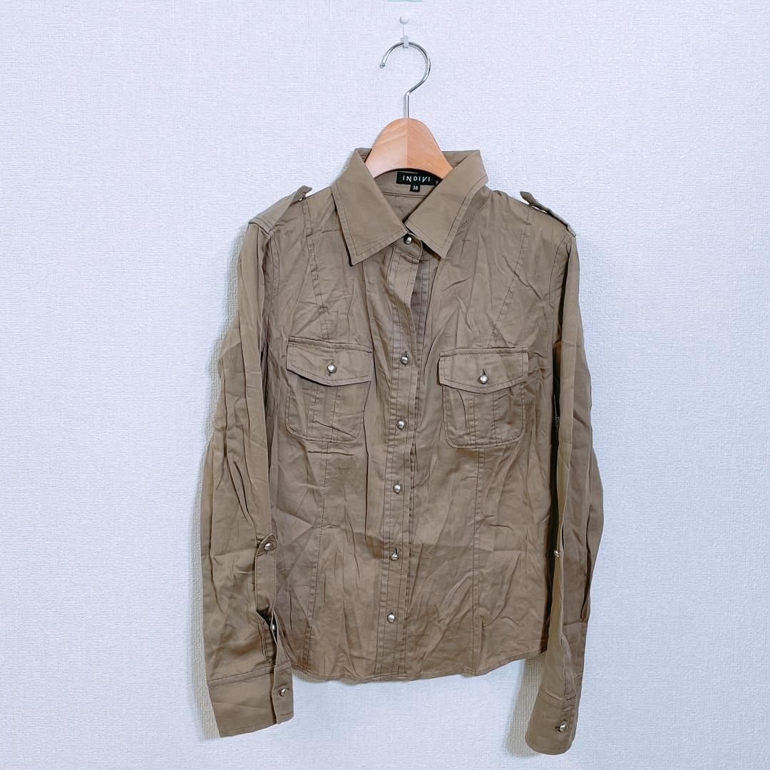 セール 登場から人気沸騰 INDIVI バンドカラー インディヴィ (M) のストライ レディース INDIVI(インディヴィ)ＳＵＶＩＮヘリンボーン ポロシャツ  ポケットあり