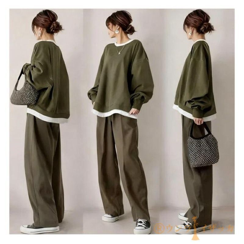 セットアップ ♥ レディース 秋 パンツ 上下セット 2点セット ワイドパンツ 切り替え トップス カジュアル オフィス ゆったり 体型カバー おしゃれ 通勤OL シンプル 楽ちん 可愛い 秋服 weixz179