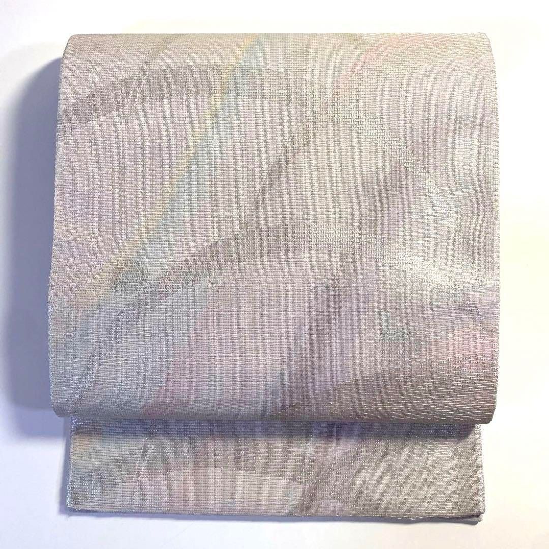 4k1020 袋帯 絹 夏帯 夏物 紗 波縞 グレー 銀色 ピンク 青 黄色 紫 