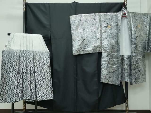 平和屋着物 上 男性 色無地 紋付き羽織 行灯袴セット キングサイズ 黒地 市松地紋 舞台衣装 洗える着物 CZAA3652s5