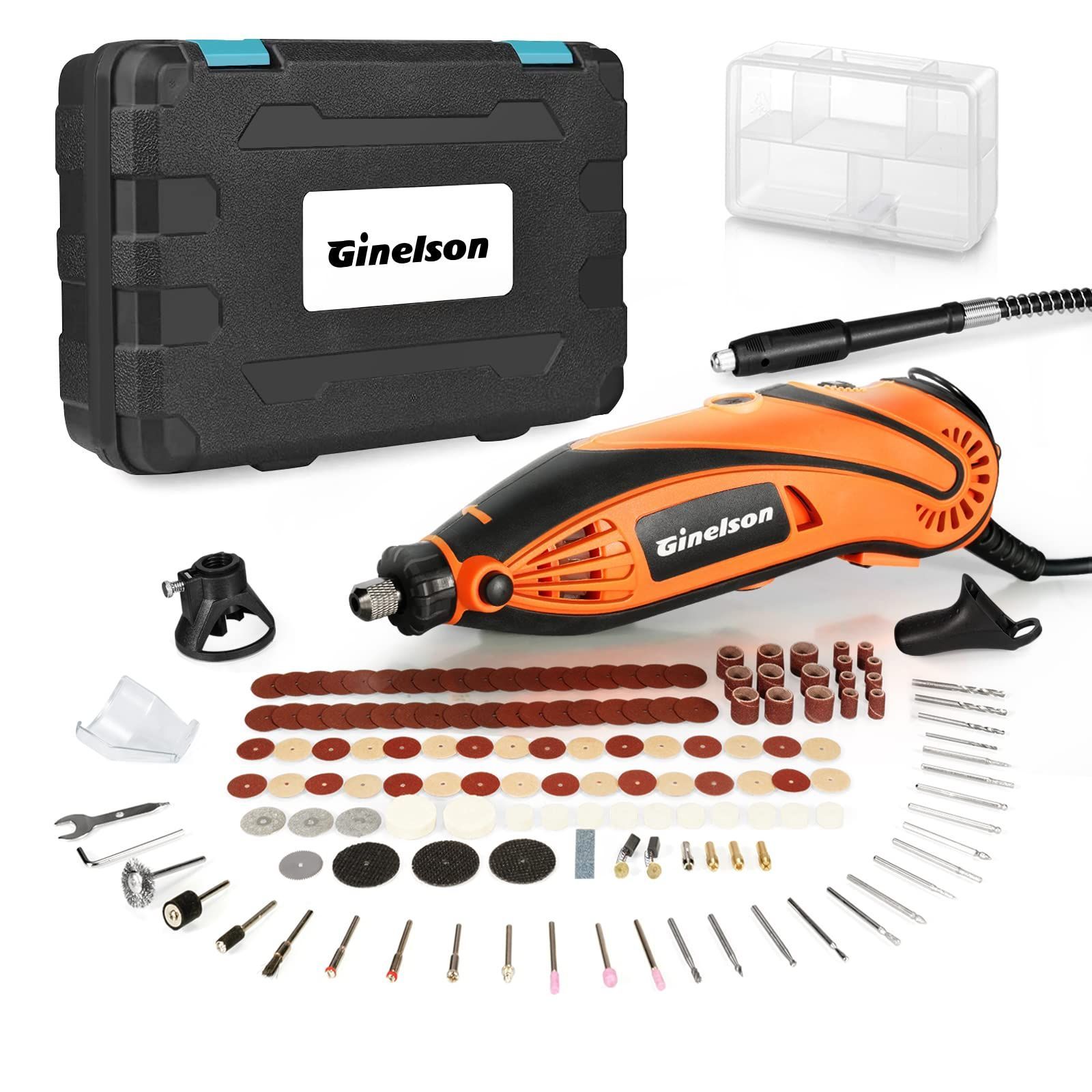 Ginelson ミニルーター リューター 6段変速 135W 保護カバー 補助ハンドル 彫刻/穴あけ/研磨/切断/切削/汚れ落とし DIY工具 150pcs ケース付き 日本語取扱説明書