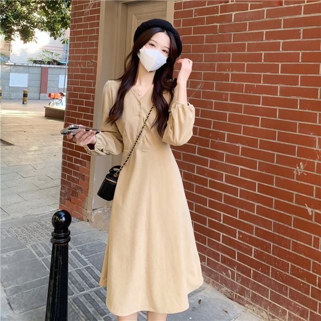 ワンピース ミドルドレス レディース Aライン ゆったり ミモレ丈 韓国デザイン 可愛い ハイウエス