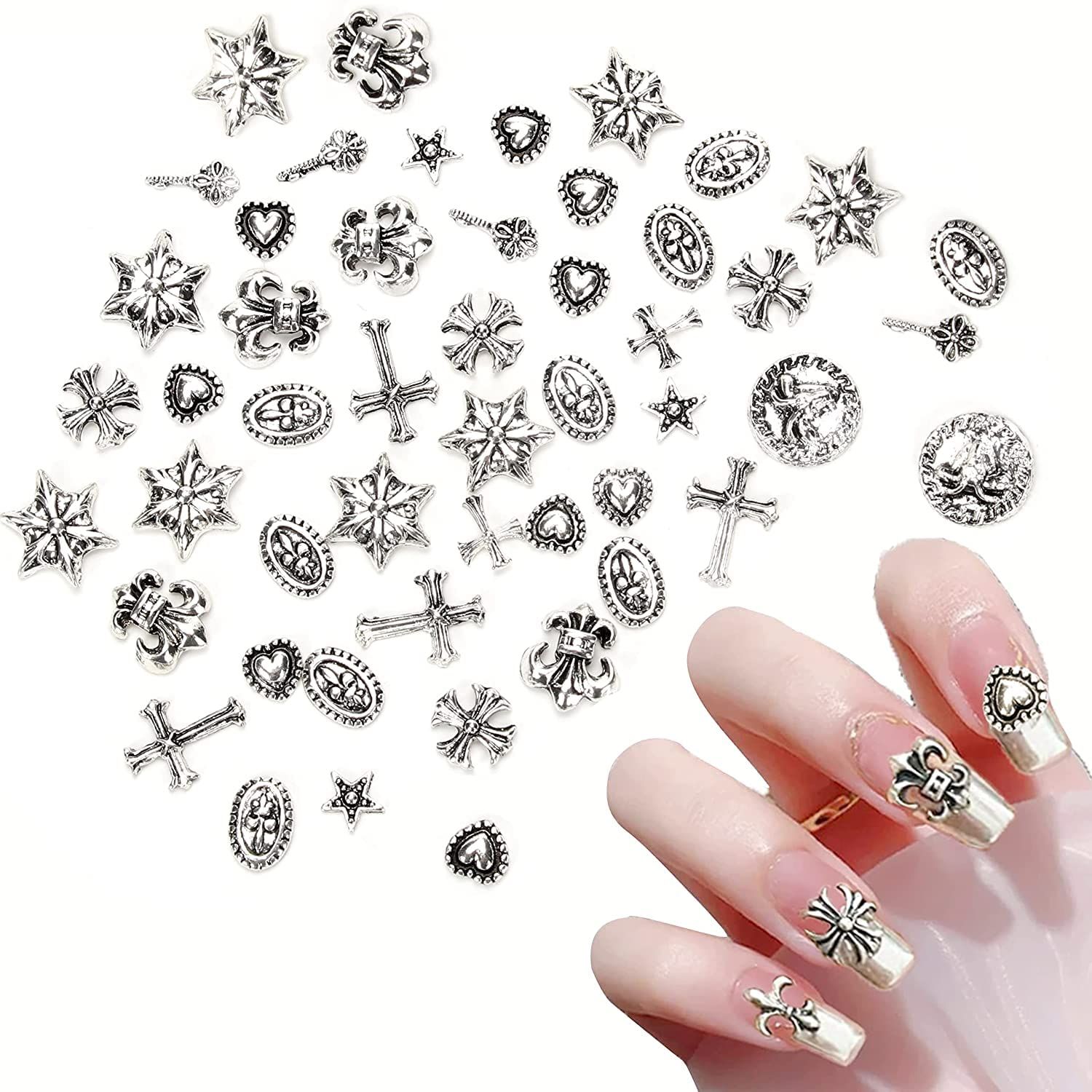 [Limited Quantity] Nail Nail Nail Nail Decoration DIY Craft Art Art Manicure (Retro Supplies Punk Accessories Charm Charm Silver Mixed Pack) Metal Vintage Cloth 3D 50 Pcs Punk Nail Art Cha