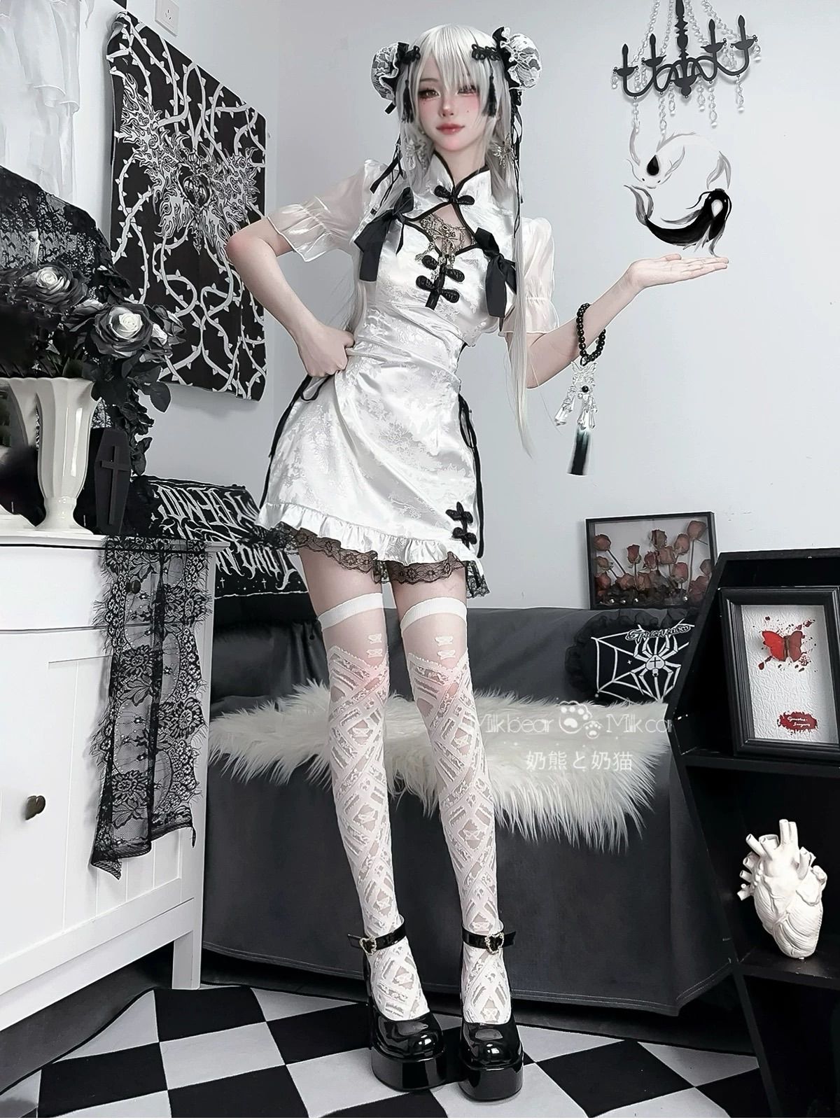 ゴスロリ ロリータ 和風 メイド サブカル フリル 中華 チャイナ 青 ホワイト ブラック チャイナ風 ロリィタ メイド セットアップ