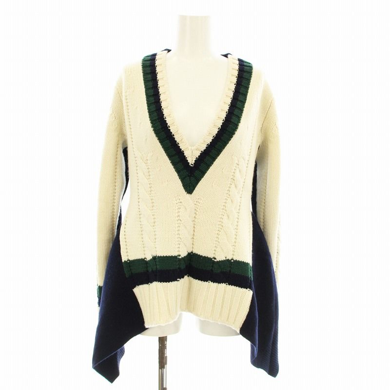 サカイ 21AW V BACK LS PULLOVER ニット セーター 長袖 ケーブル 2way ウール M アイボリー 紺 ネイビー 緑 グリーン 21-05671 サカイ sacai 21AW V BACK LS PULLOVER ニット セーター 長袖