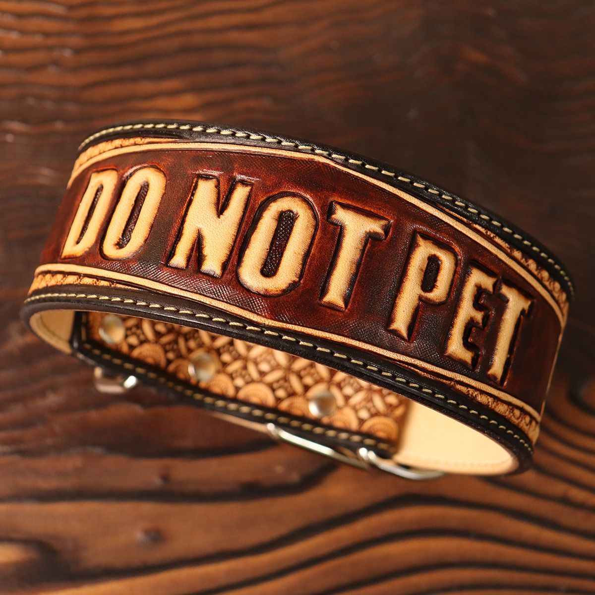 Tooled Wide Leather Collar | Carved Lettering Design (DO NOT PET 
