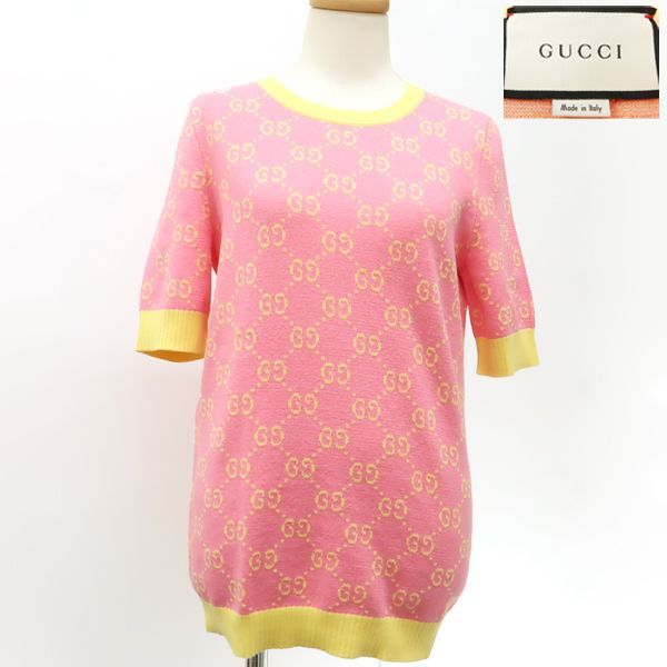 GUCCI 半袖ニット カットソー GG柄 Mサイズ ピンク×イエロー 501371 綿 
