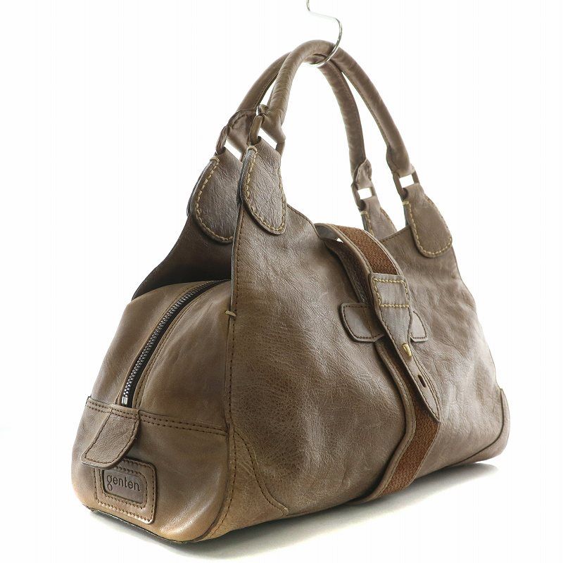 genten ハンドバッグ　シボ　ブラウン レザーバッグ ゲンテン genten ハンドバッグ トート レザー ロゴ 茶色