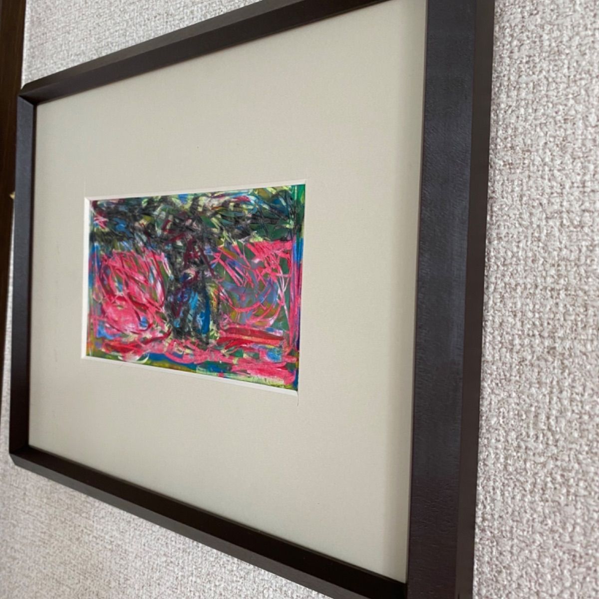 絵画 抽象画 クレヨン画 原画 額(桜)付き 美品 装飾品