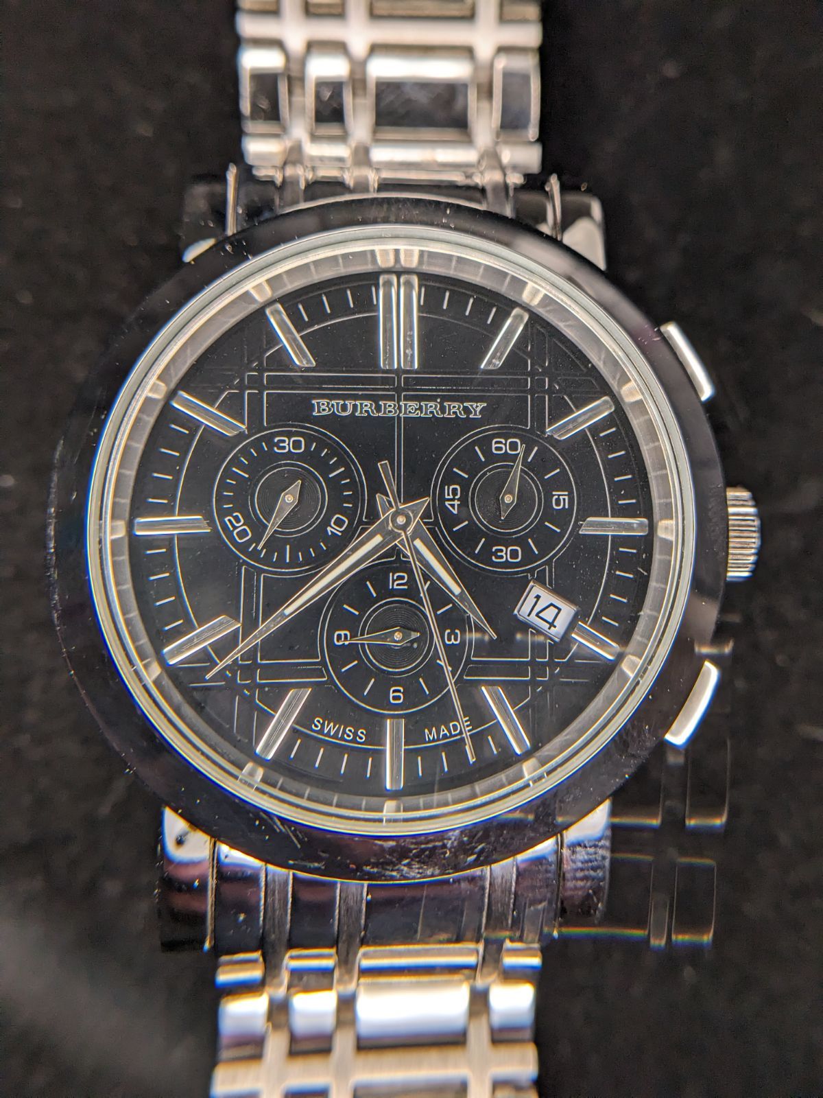 1円 稼働 バーバリー クロノグラフ BU1372 QZ シルバー文字盤 メンズ 