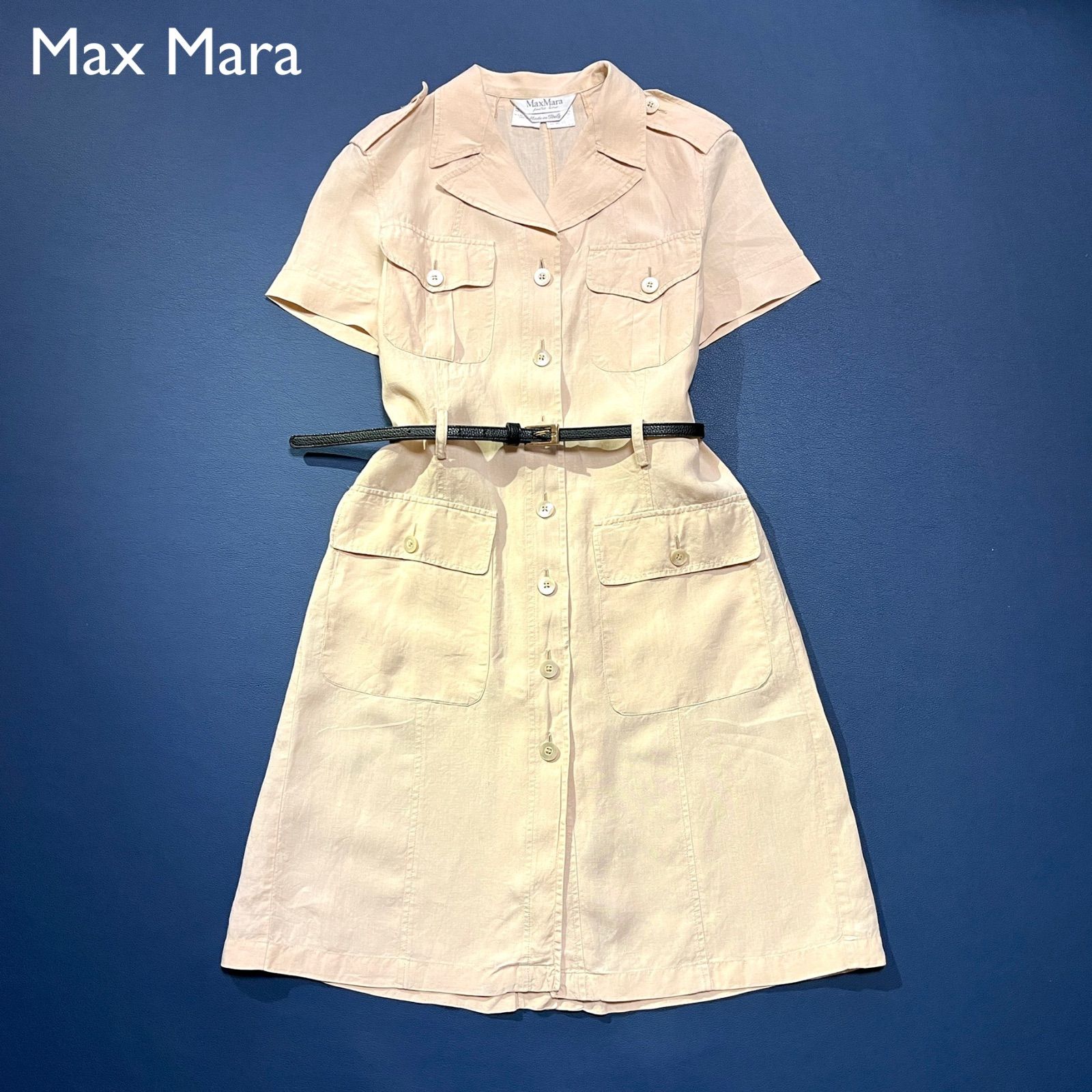 cD126 Max Mara 白タグ 麻 ワンピース リネンシャツワンピース ベルトループあり ライン