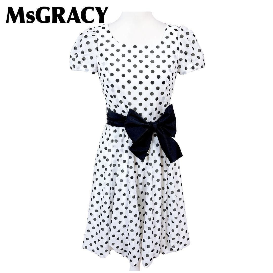 M sGRACY 半袖ワンピース ウエストリボン紐 38 ドット 白×黒