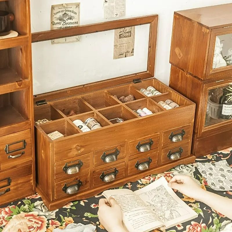 木製 小物入れ 引き出し付き 収納ボックス ヴィンテージ調 多層ガラス製 手芸用品 卓上 デスクワーク アトリエ インテリア ナチュラル シン