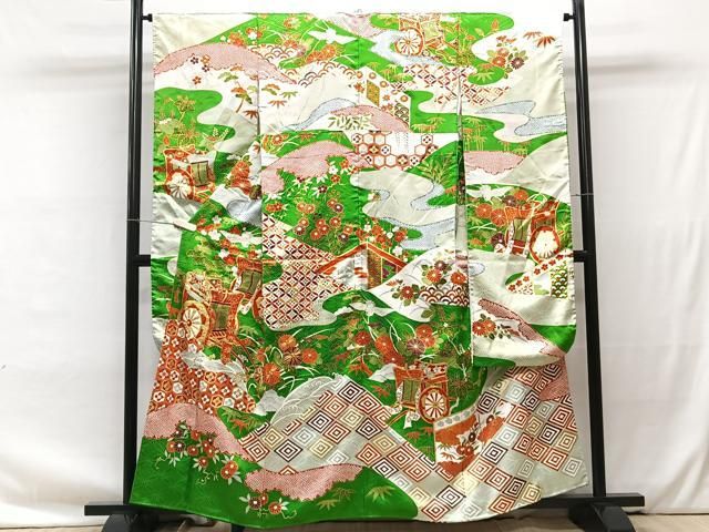 平和屋着物□豪華振袖 駒刺繍 御所車飛鶴花文 金彩 正絹 逸品