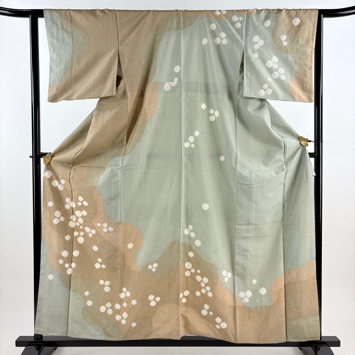 訪問着 身丈159.5cm 裄丈62.5cm S 袷 紬地 道長取り 枝花 絞り 金彩 薄茶色 正絹 名品