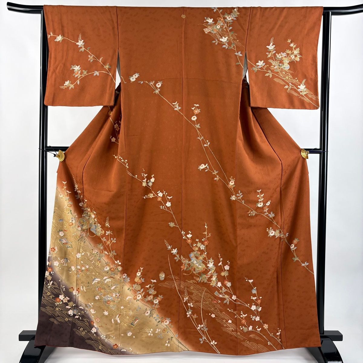 訪問着 身丈164.5cm 裄丈63.5cm S 袷 文箱 草花 金彩 染め分け 赤茶 正絹 秀品 一つ紋